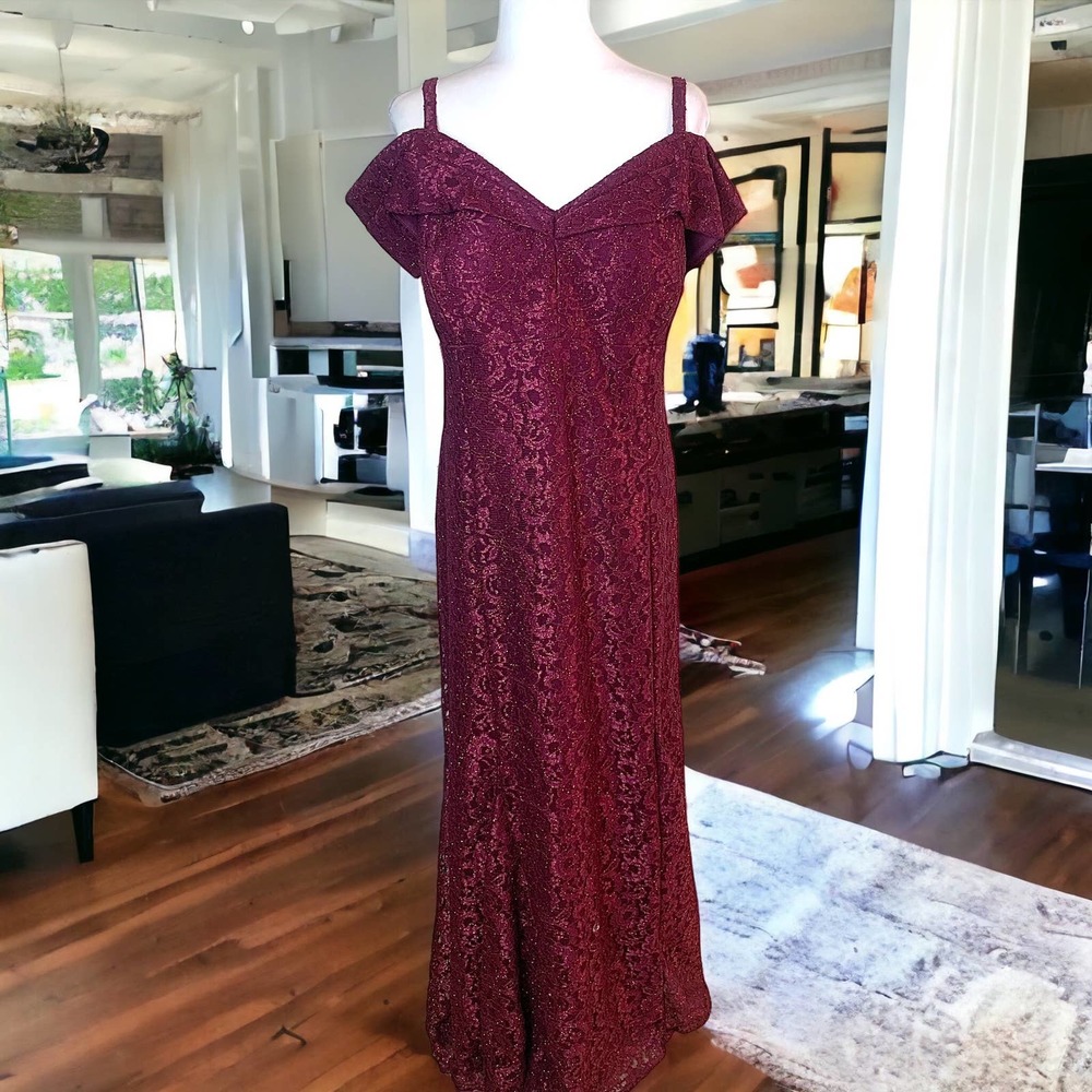 R&M Richards Off Shoulder Floral Lace Mermaid Gown Burgundy Plus Size 22W